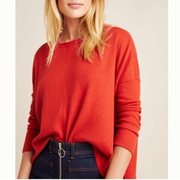 ANTHROPOLOGIE Burnt Orange Oversized Waffle Knit Pullover Top - Picture 1 of 8